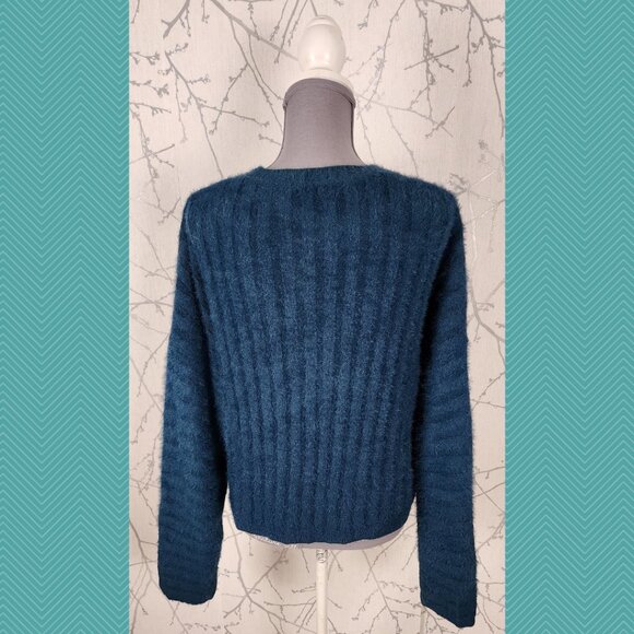 Oak + Fort Emerald Blue Fuzzy Knit Faux Fur Ribbed Crewneck Sweater - Picture 3 of 4